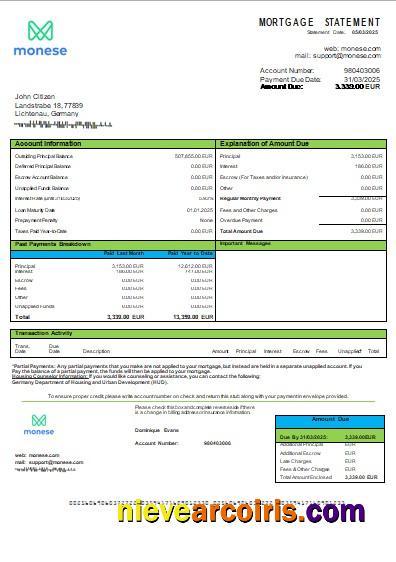 Germany Monese bank mortgage statement